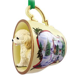 Blond Cockapoo Dog in Snowman Tea Cup Christmas Ornament – Hand-Painted Stone Resin