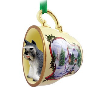 Gray Schnauzer Dog in Snowman Tea Cup Christmas Ornament – Hand-Painted Stone Resin