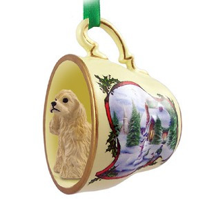 Blonde Cocker Spaniel Dog in Snowman Tea Cup Christmas Ornament – Hand-Painted Stone Resin