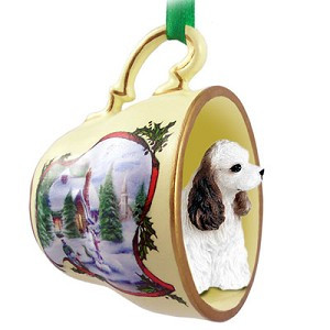 Brown & White Cocker Spaniel Dog in Snowman Tea Cup Christmas Ornament – Hand-Painted Stone Resin