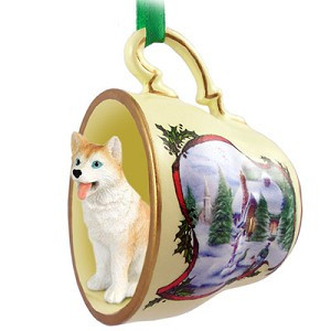 Red & White Blue Eyes Husky Dog in Snowman Tea Cup Christmas Ornament – Hand-Painted Stone Resin