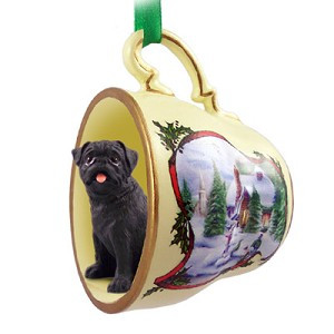 Black Pug Dog in Snowman Tea Cup Christmas Ornament – Hand-Painted Stone Resin