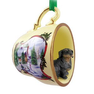 Black Dachshund Dog in Snowman Tea Cup Christmas Ornament – Hand-Painted Stone Resin