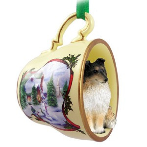 Tricolor Sheltie Dog in Snowman Tea Cup Christmas Ornament – Hand-Painted Stone Resin