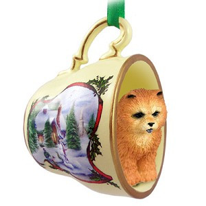 Red Chow Dog in Snowman Tea Cup Christmas Ornament – Hand-Painted Stone Resin