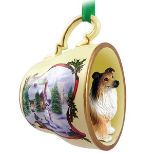 Sable Collie Dog in Snowman Tea Cup Christmas Ornament – Hand-Painted Stone Resin