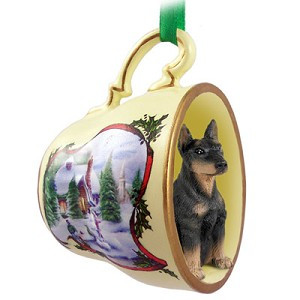 Black Cropped Ears Doberman Pinscher Dog in Snowman Tea Cup Christmas Ornament