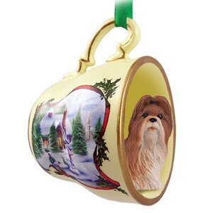 Tan Shih Tzu Dog in Snowman Tea Cup Christmas Ornament – Hand-Painted Stone Resin