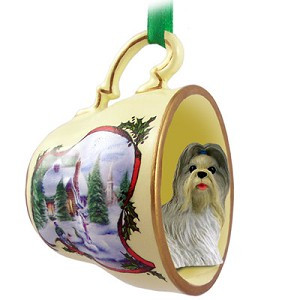 Mixed Color Shih Tzu Dog in Snowman Tea Cup Christmas Ornament – Hand-Painted Stone Resin