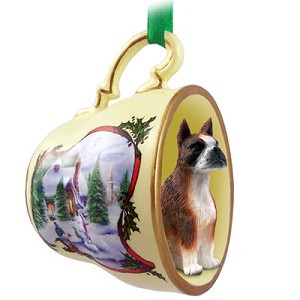 Brindle Boxer Dog in Snowman Tea Cup Christmas Ornament – Hand-Painted Stone Resin