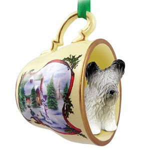 Skye Terrier Dog in Snowman Tea Cup Christmas Ornament – Hand-Painted Stone Resin