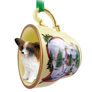 Brown & White Papillon Dog in Snowman Tea Cup Christmas Ornament – Hand-Painted Stone Resin