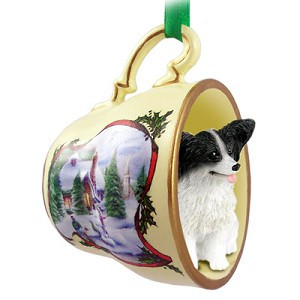 Black & White Papillon Dog in Snowman Tea Cup Christmas Ornament – Hand-Painted Stone Resin