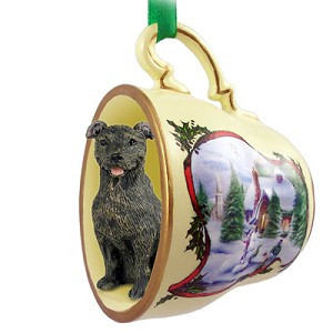 Brindle Staffordshire Bull Terrier Dog in Snowman Tea Cup Christmas Ornament