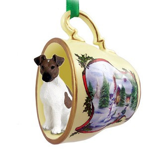 Brown & White Fox Terrier Dog in Snowman Tea Cup Christmas Ornament – Hand-Painted Stone Resin