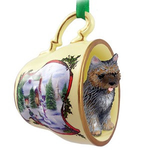 Brindle Cairn Terrier Dog in Snowman Tea Cup Christmas Ornament – Hand-Painted Stone Resin