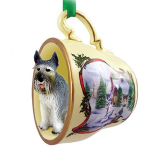 Gray Giant Schnauzer Dog in Snowman Tea Cup Christmas Ornament – Hand-Painted Stone Resin