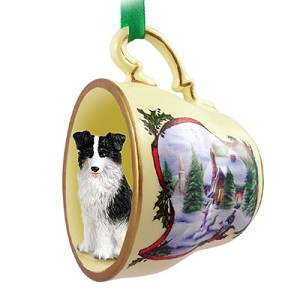 Border Collie Dog in Snowman Tea Cup Christmas Ornament – Hand-Painted Stone Resin