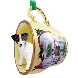 Brown & White Rough Coat Jack Russell Terrier Dog in Snowman Tea Cup Christmas Ornament