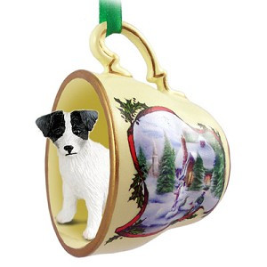 Black & White Rough Coat Jack Russell Terrier Dog in Snowman Tea Cup Christmas Ornament