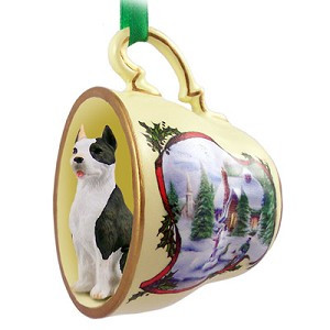 Brindle Pit Bull Terrier Dog in Snowman Tea Cup Christmas Ornament – Hand-Painted Stone Resin