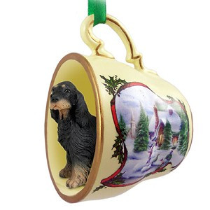 Gordon Setter Dog in Snowman Tea Cup Christmas Ornament – Hand-Painted Stone Resin