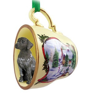 German Shorthaired Pointer Dog in Snowman Tea Cup Christmas Ornament – Hand-Painted Stone Resin