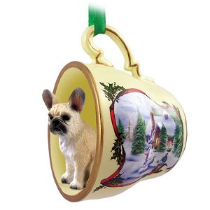 Fawn French Bulldog in Snowman Tea Cup Christmas Ornament – Hand-Painted Stone Resin