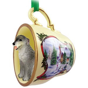 Gray Irish Wolfhound Dog in Snowman Tea Cup Christmas Ornament – Hand-Painted Stone Resin