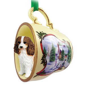 Brown & White Cavalier King Charles Spaniel Dog in Snowman Tea Cup Christmas Ornament