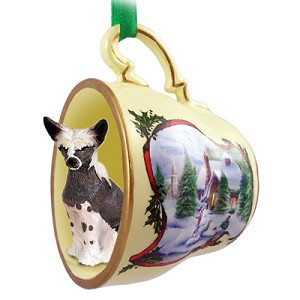 Chinese Crested Dog in Snowman Tea Cup Christmas Ornament – Hand-Painted Stone Resin
