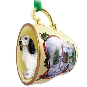 Blue Belton English Setter Dog in Snowman Tea Cup Christmas Ornament – Hand-Painted Stone Resin