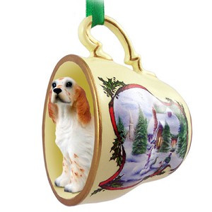 Orange Belton English Setter Dog in Snowman Tea Cup Christmas Ornament – Hand-Painted Stone Resin