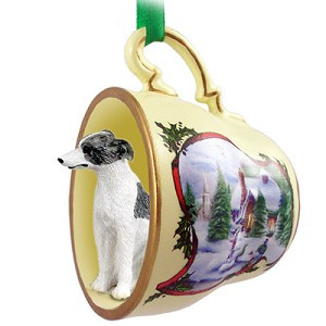Gray & White Whippet Dog in Snowman Tea Cup Christmas Ornament – Hand-Painted Stone Resin