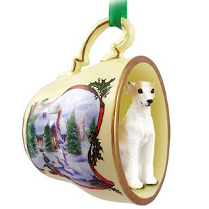 Tan & White Whippet Dog in Snowman Tea Cup Christmas Ornament – Hand-Painted Stone Resin