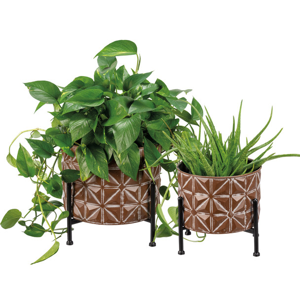 Set of 2 Metal Round Planters With Stands - Decorative Geometric Design - Cottage Collection from Primitives by Kathy