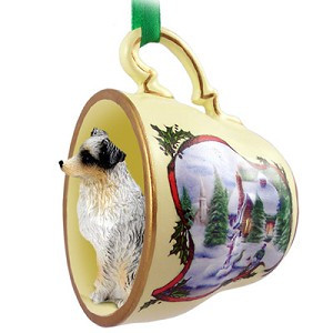 Blue Docked Tail Australian Shepherd Dog in Snowman Tea Cup Christmas Ornament
