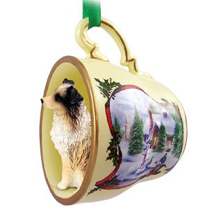 Brown Docked Tail Australian Shepherd Dog in Snowman Tea Cup Christmas Ornament