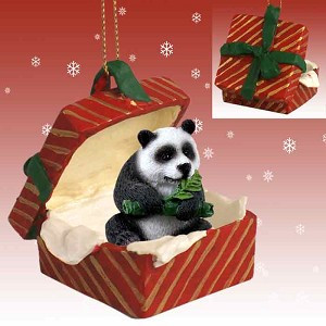 Gift Box Red Panda in Red Gift Box Christmas Ornament – Hand-Painted Stone Resin