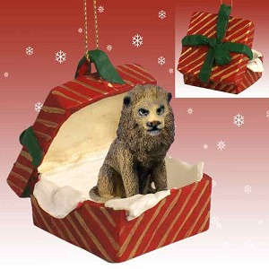 Gift Box Red Lion in Red Gift Box Christmas Ornament – Hand-Painted Stone Resin