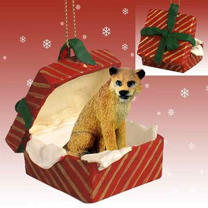 Red Lioness in Red Gift Box Christmas Ornament – Hand-Painted Stone Resin