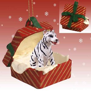 White Tiger in Red Gift Box Christmas Ornament – Hand-Painted Stone Resin