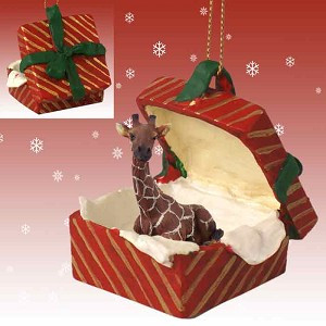 Red Giraffe in Red Gift Box Christmas Ornament – Hand-Painted Stone Resin