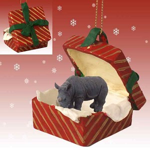 Red Rhinoceros in Red Gift Box Christmas Ornament – Hand-Painted Stone Resin
