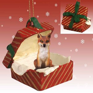 Red Fox in Red Gift Box Christmas Ornament – Hand-Painted Stone Resin