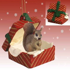 Red Squirrel in Red Gift Box Christmas Ornament – Hand-Painted Stone Resin