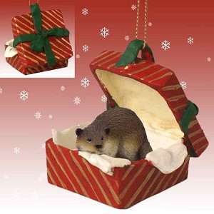 Beaver in Red Gift Box Christmas Ornament – Hand-Painted Stone Resin