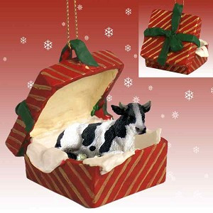 Red Holstein Bull in Red Gift Box Christmas Ornament – Hand-Painted Stone Resin