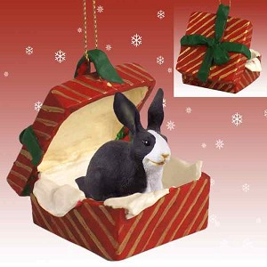 Black & White Rabbit in Red Gift Box Christmas Ornament – Hand-Painted Stone Resin