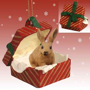 Brown Rabbit in Red Gift Box Christmas Ornament – Hand-Painted Stone Resin